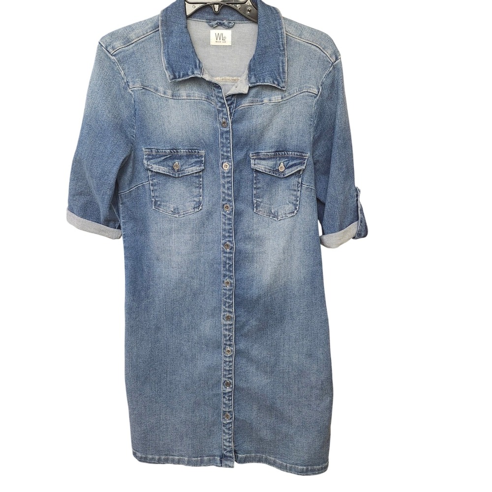 Wash Lab Denim‎ Feminine Button Down Roll Tab Short Sleeve Shirt Dress M Stretch